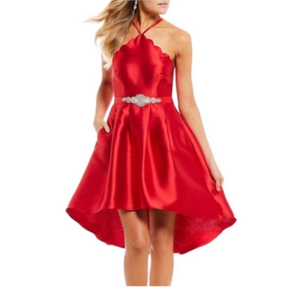 Scalloped Halter Neckline High Low Hem Belted Dress